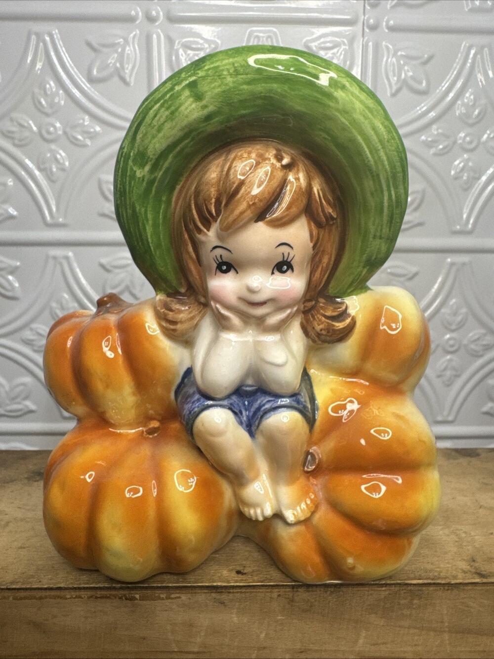 Vintage Relpo Halloween Planter A1991 Barefoot Girl Sitting Pumpkins Rare